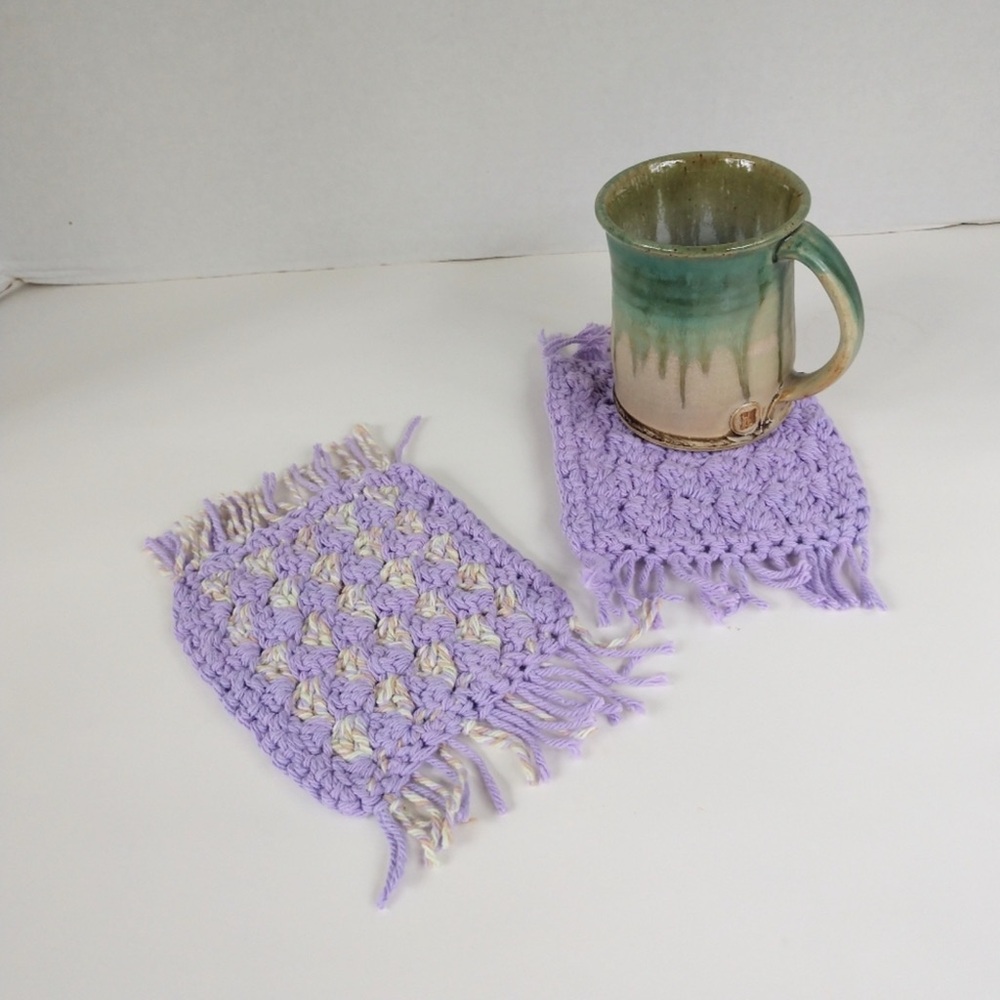 Coaster Set Hand Crafted Crochet Purple Lavender Gray Cotton